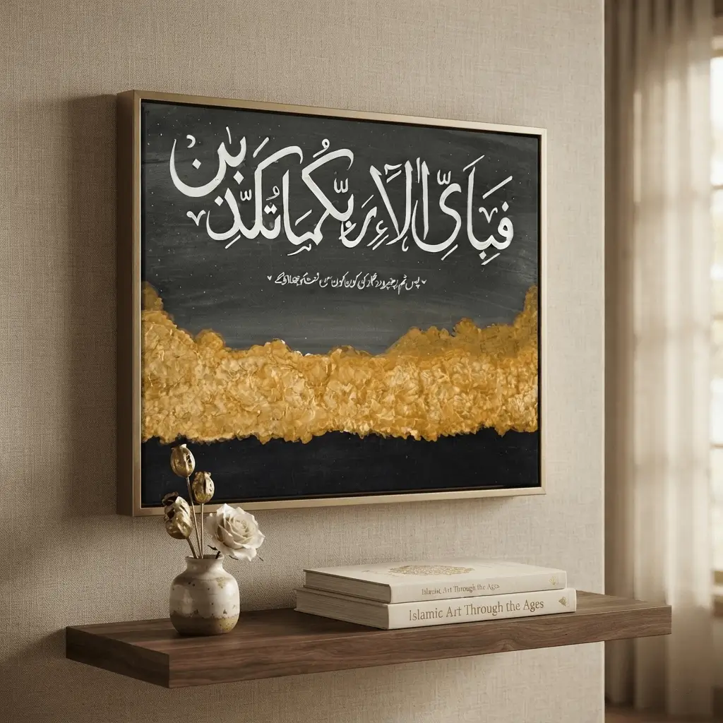 Surah Ar-Rahman Calligraphy on Gold and Grey Textured Canvas